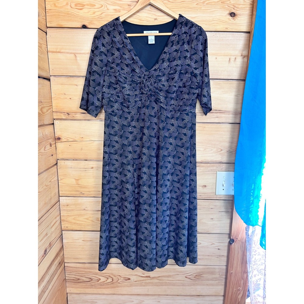 Amanda Lane Black White Geometric Dot Rosette V-Neck Dress Large